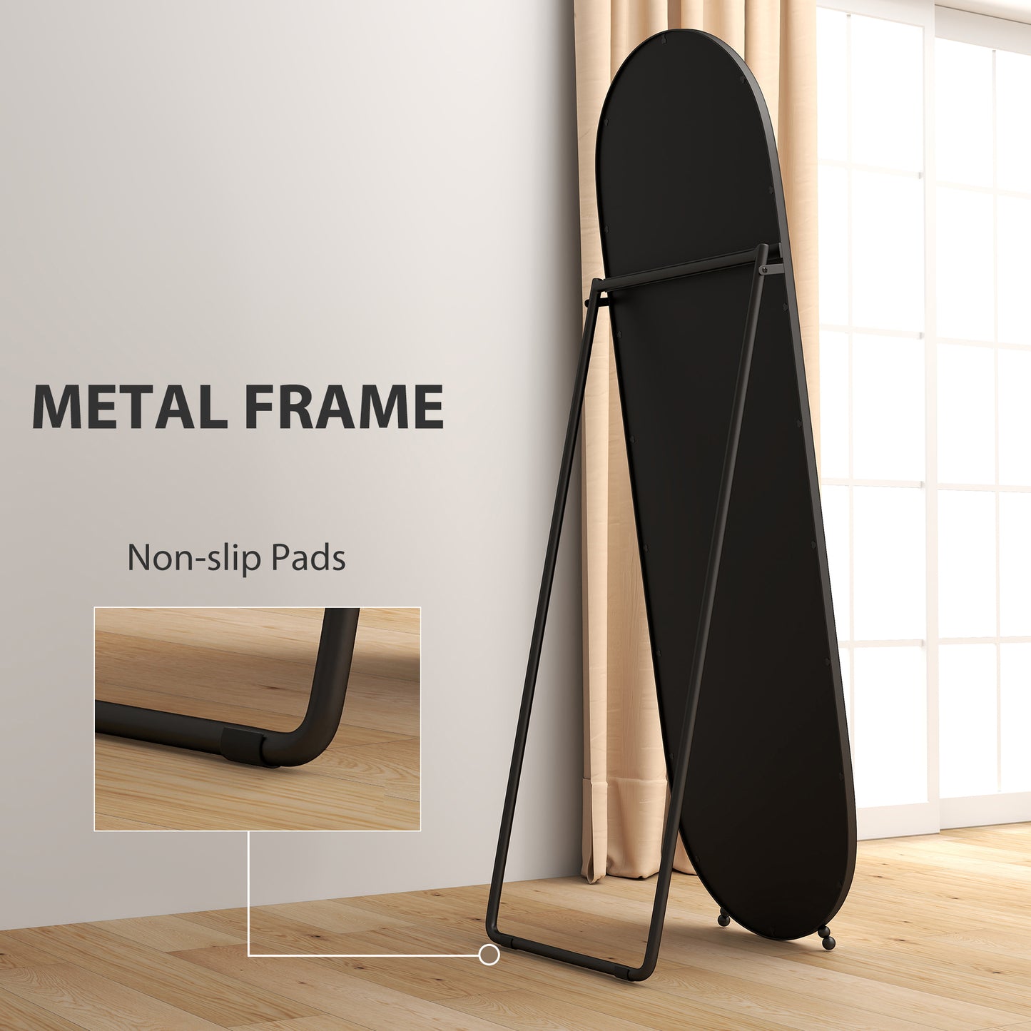 Oval Full Length Mirror with Metal Frame Hanging or Leaning Black