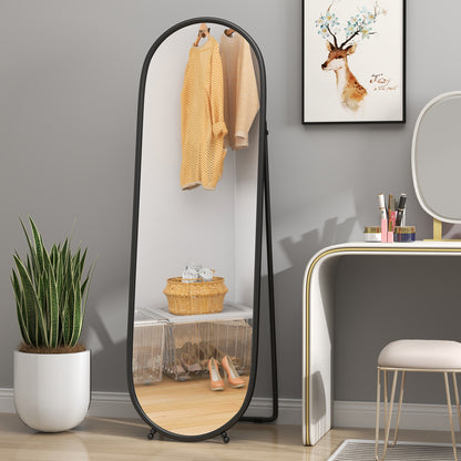 Oval Full Length Mirror with Metal Frame Hanging or Leaning Black