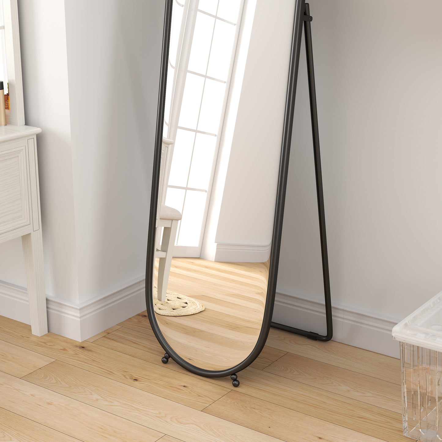 Oval Full Length Mirror with Metal Frame Hanging or Leaning Black