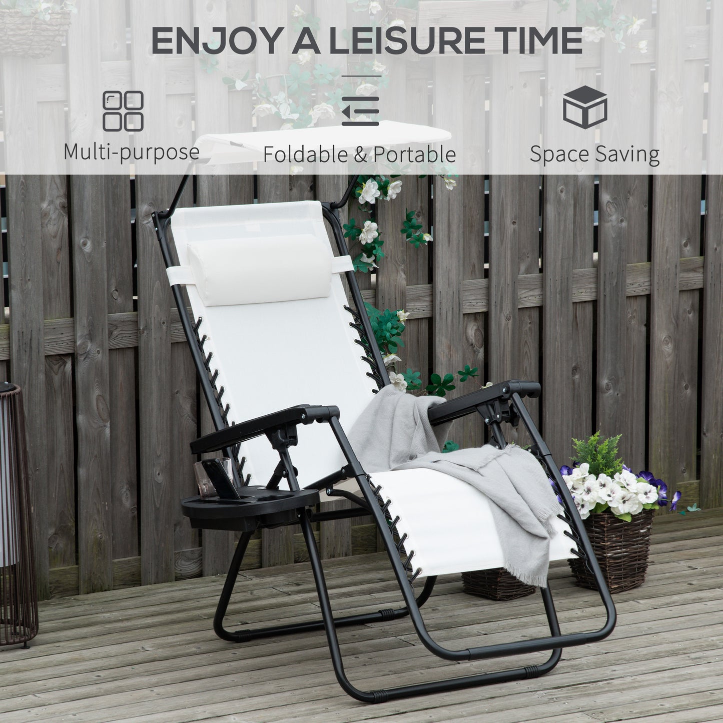 Zero Gravity Chair Adjustable Patio Lounge w/ Cup Holder White