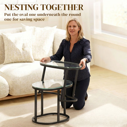 Modern Coffee Table Set of 2, Nest of Tables with Steel Frame and Tempered Glass Tabletop, Side Tables for Living Room Bedroom, Black and Clear
