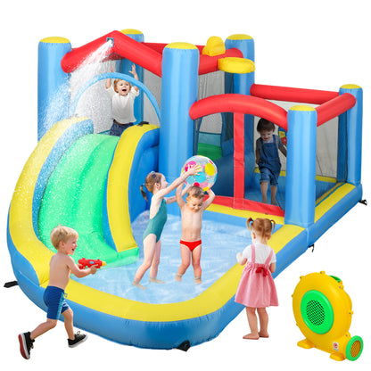 Inflatable Bouncy Castle with 550W Blower, Basketball Hoop, Long Slide, Dart Board, Carrying Bag, 385 x 290 x 180 cm