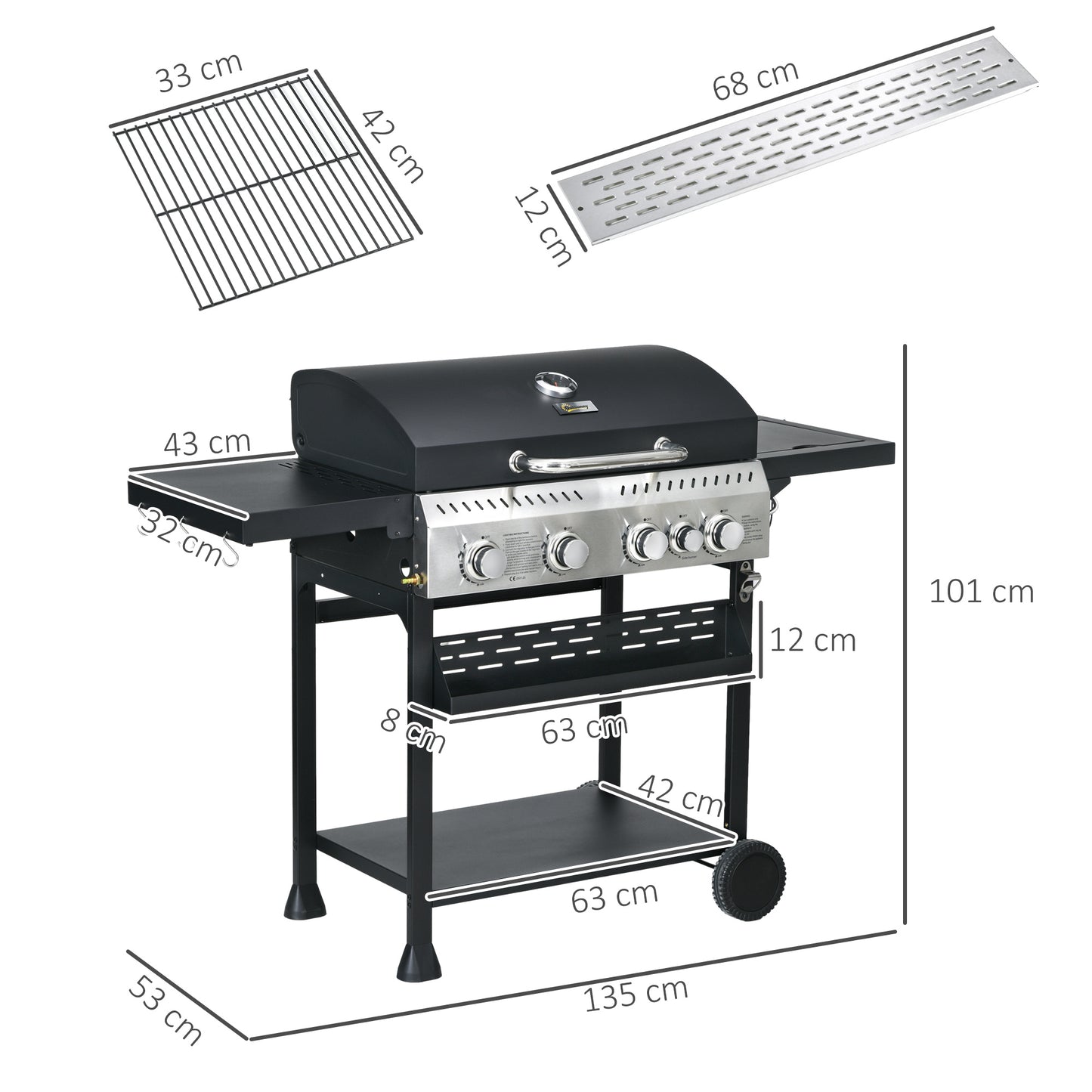 Galvanised Steel 4+1 Gas Burner BBQ Grill Trolley, Black