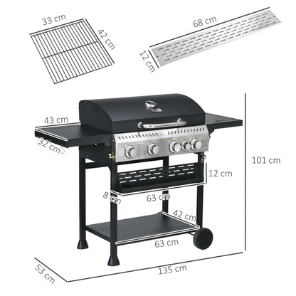 Galvanised Steel 4+1 Gas Burner BBQ Grill Trolley, Black