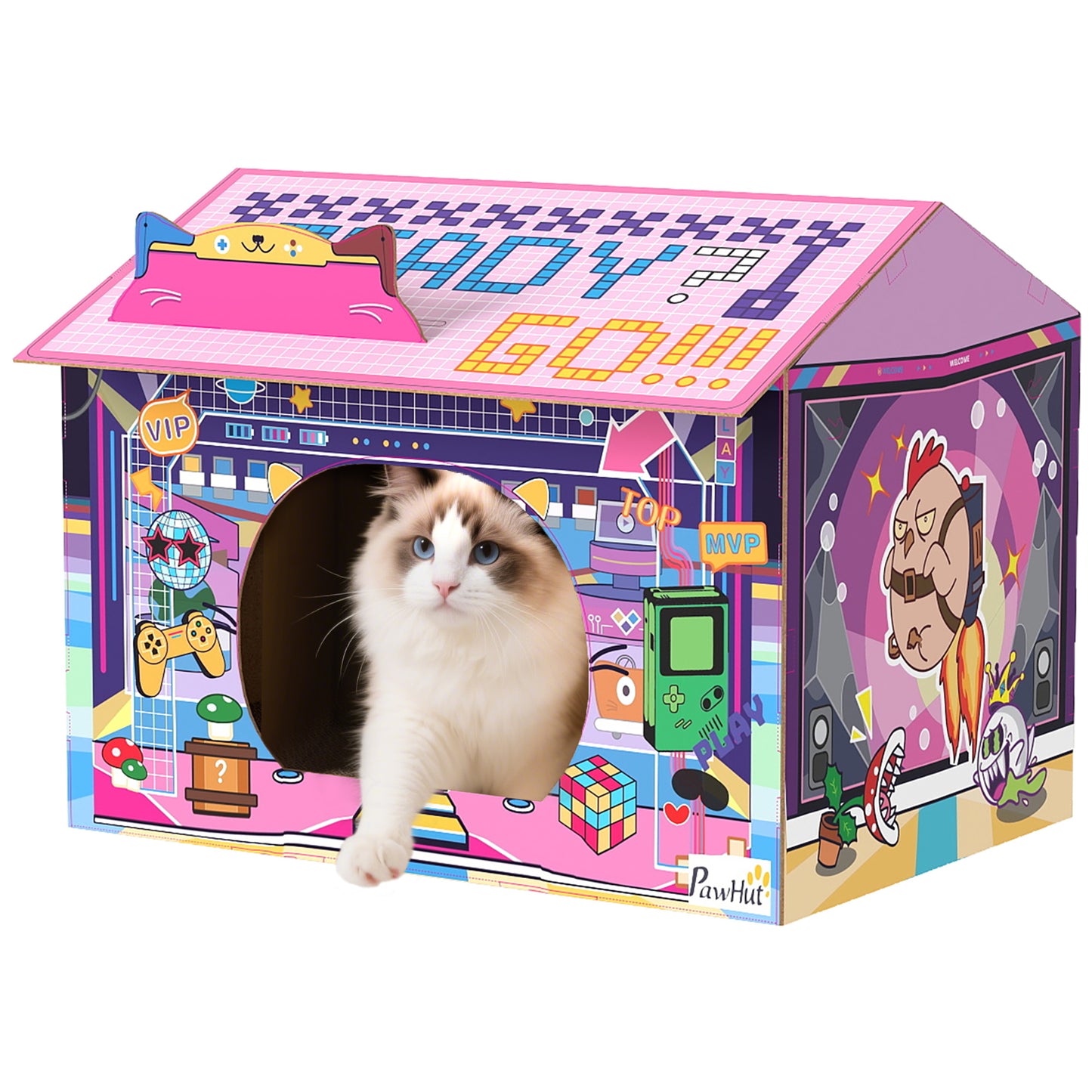 Cardboard Cat House with Scratching Board & Catnip, Gaming Style