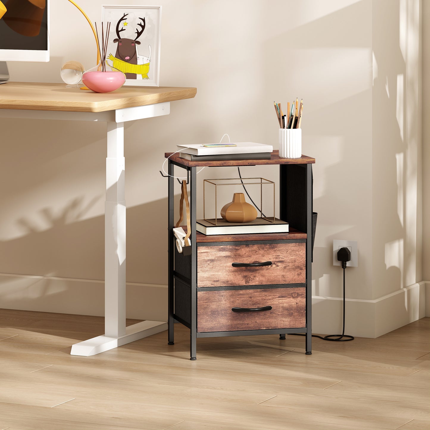 Slim Side Table with Charging Station, Bedside Table, Rustic Brown