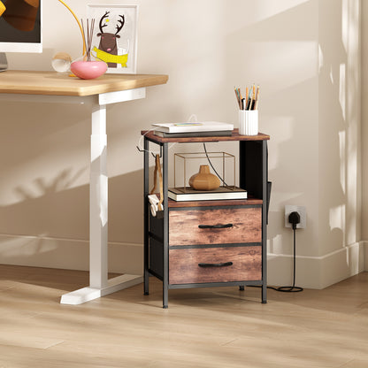 Slim Side Table with Charging Station, Bedside Table, Rustic Brown