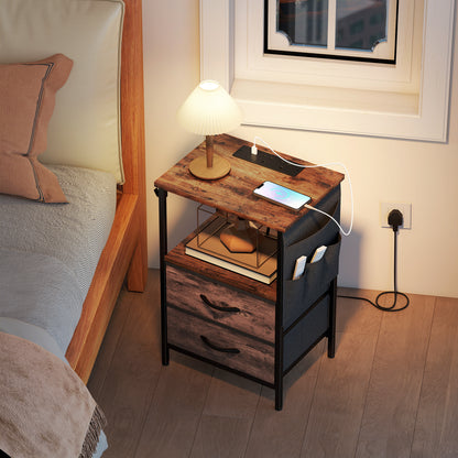 Slim Side Table with Charging Station, Bedside Table, Rustic Brown