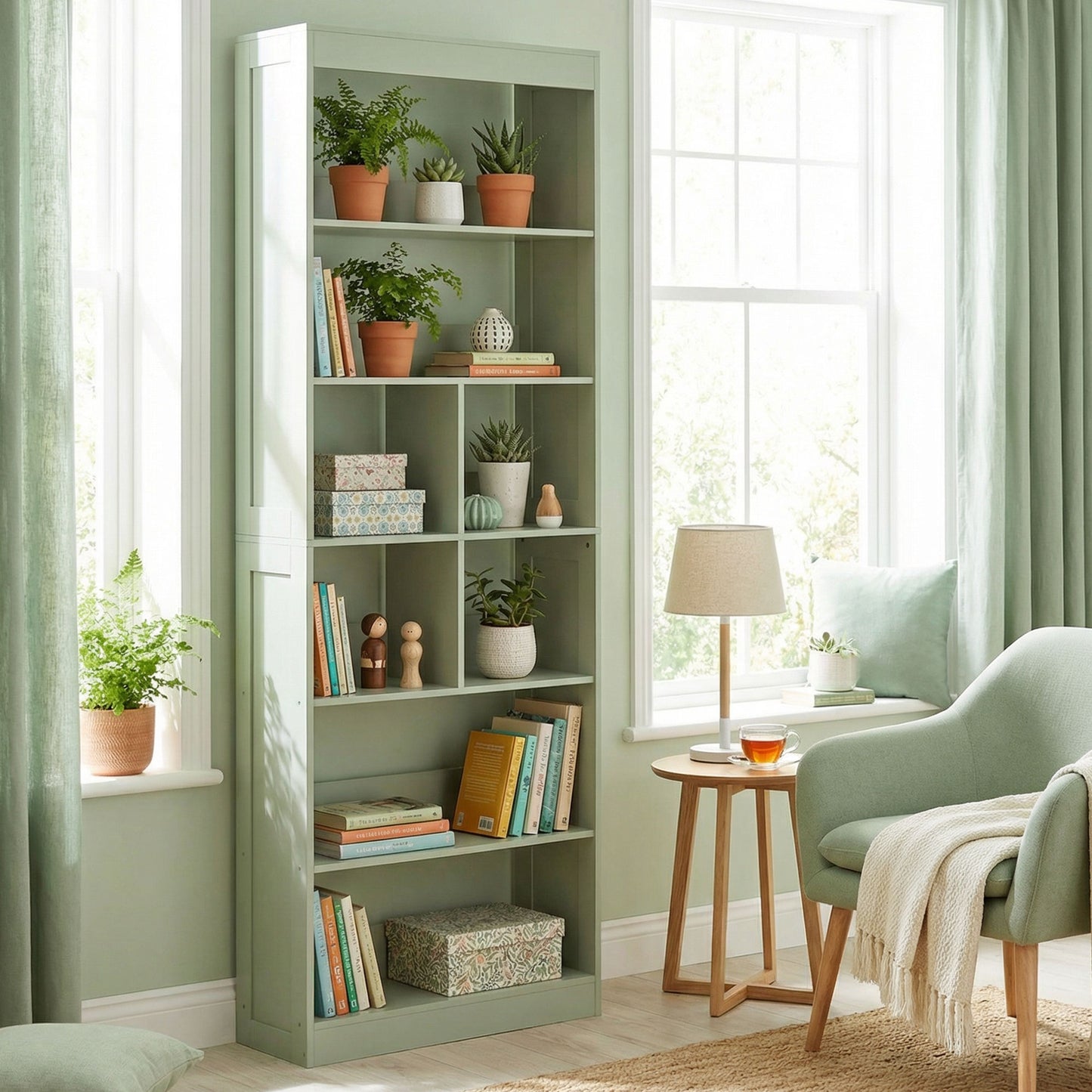 Bookcase, 6-Tier Bookshelf with 4 Open Storage Shelves, 4 Cubes, 68 x 24 x 180 cm Tall Display Shelf with Anti-Tipping Design for Living Room, Bedroom, Study, Green