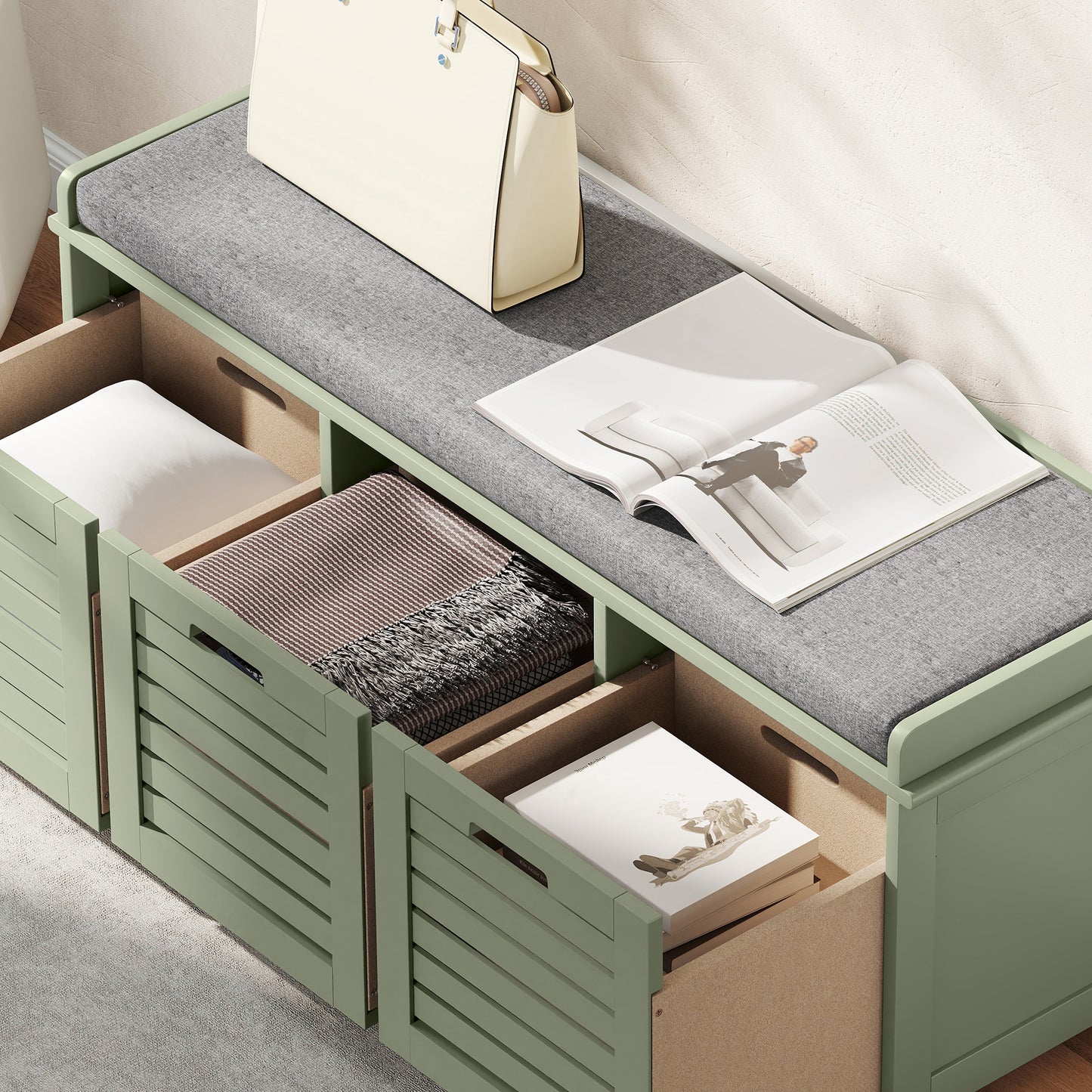 3-Door Shoe Storage Bench Cushion Seat Slatted Doors, Green