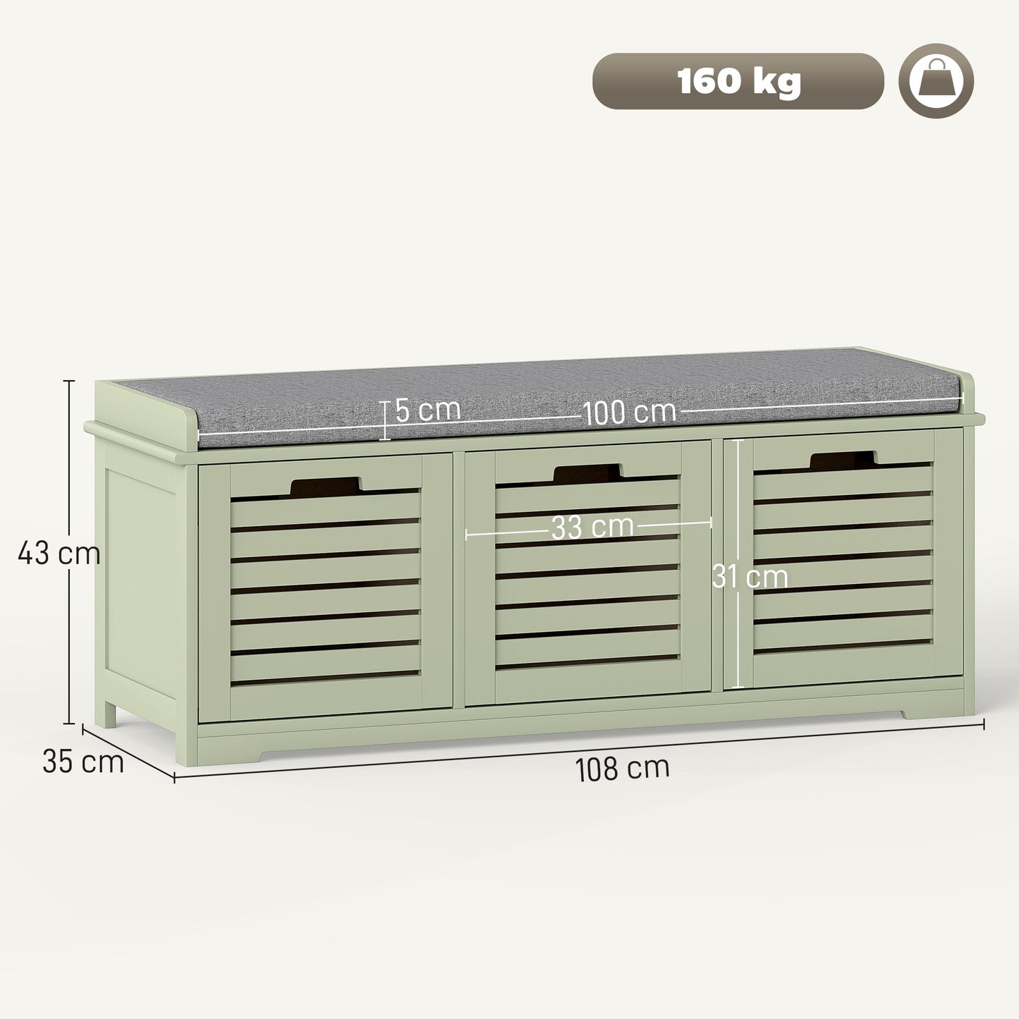 3-Door Shoe Storage Bench Cushion Seat Slatted Doors, Green