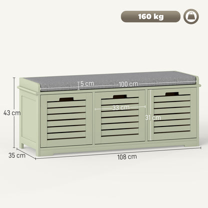 3-Door Shoe Storage Bench Cushion Seat Slatted Doors, Green