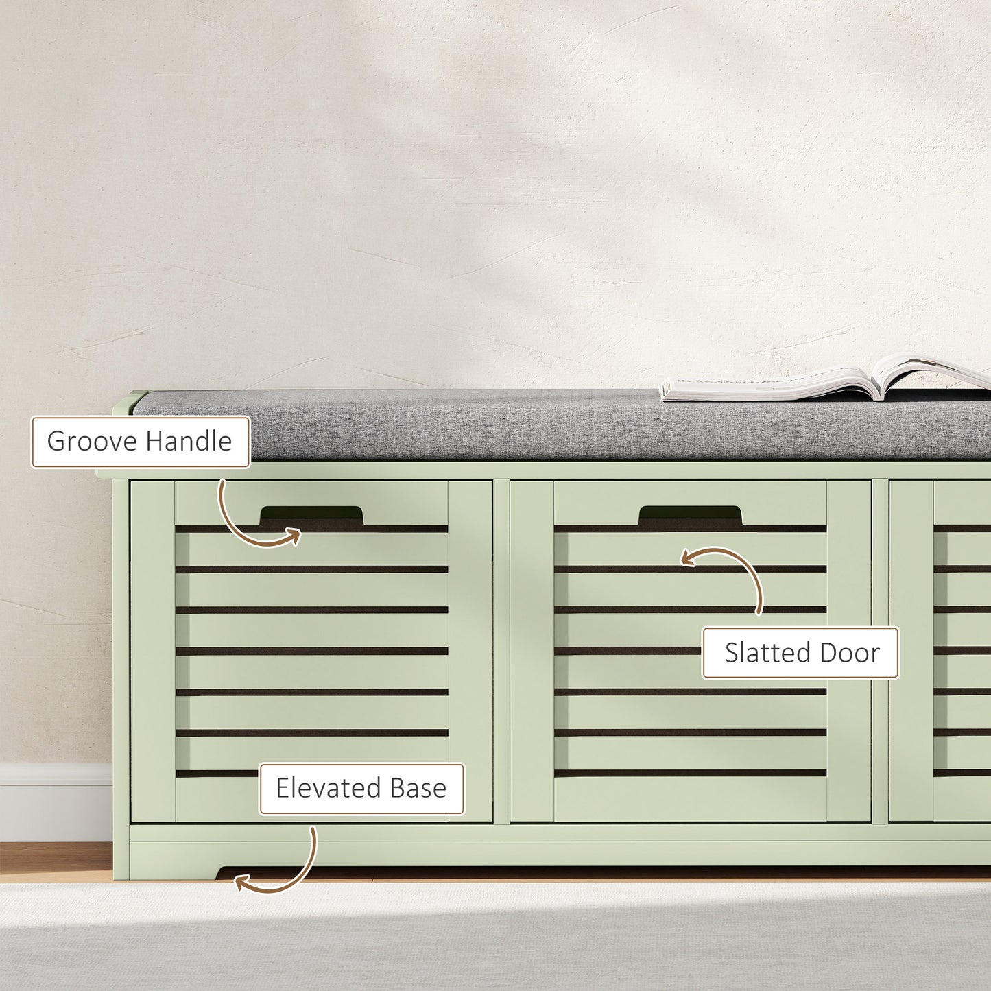 3-Door Shoe Storage Bench Cushion Seat Slatted Doors, Green