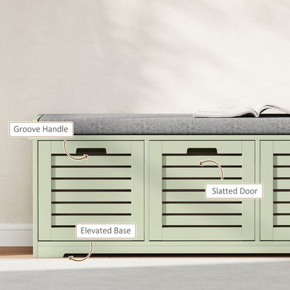 3-Door Shoe Storage Bench Cushion Seat Slatted Doors, Green