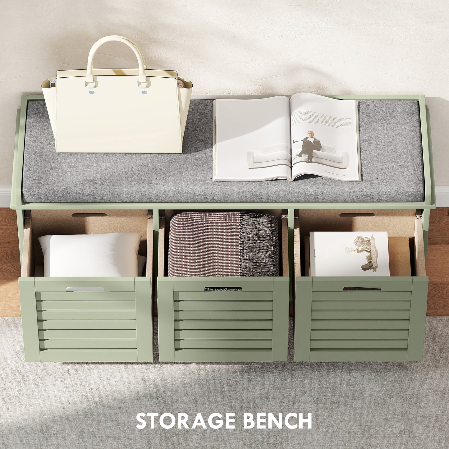 3-Door Shoe Storage Bench Cushion Seat Slatted Doors, Green