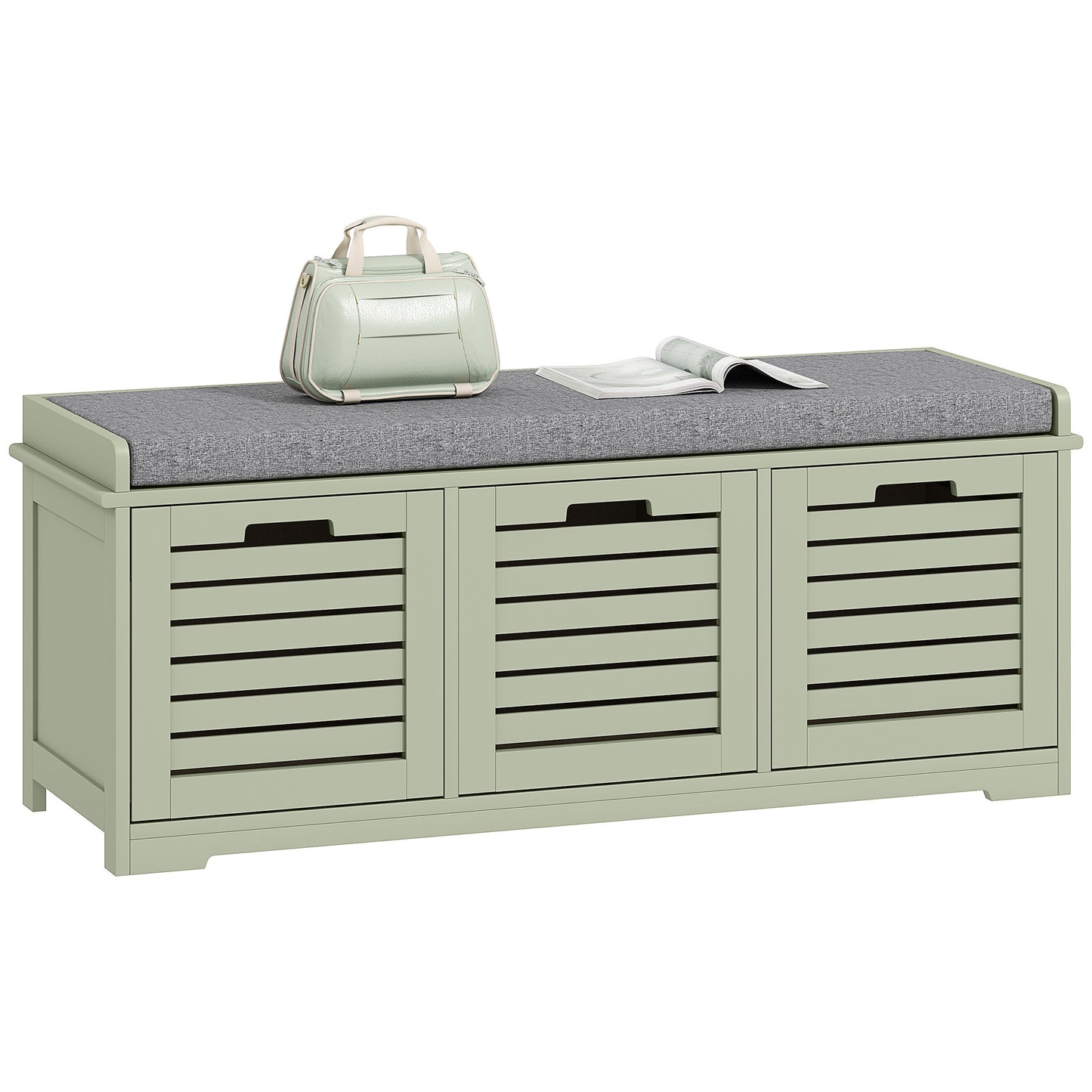 3-Door Shoe Storage Bench Cushion Seat Slatted Doors, Green