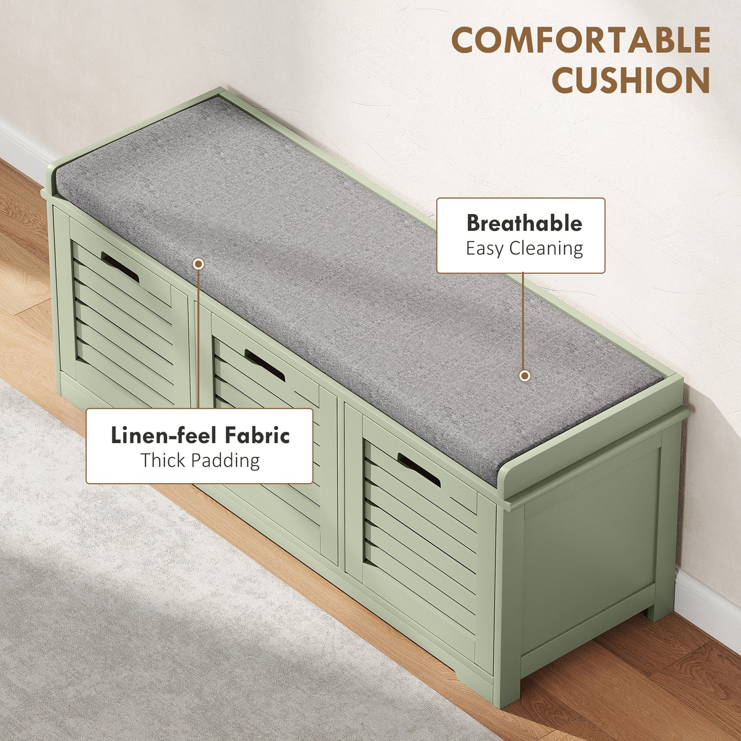 3-Door Shoe Storage Bench Cushion Seat Slatted Doors, Green