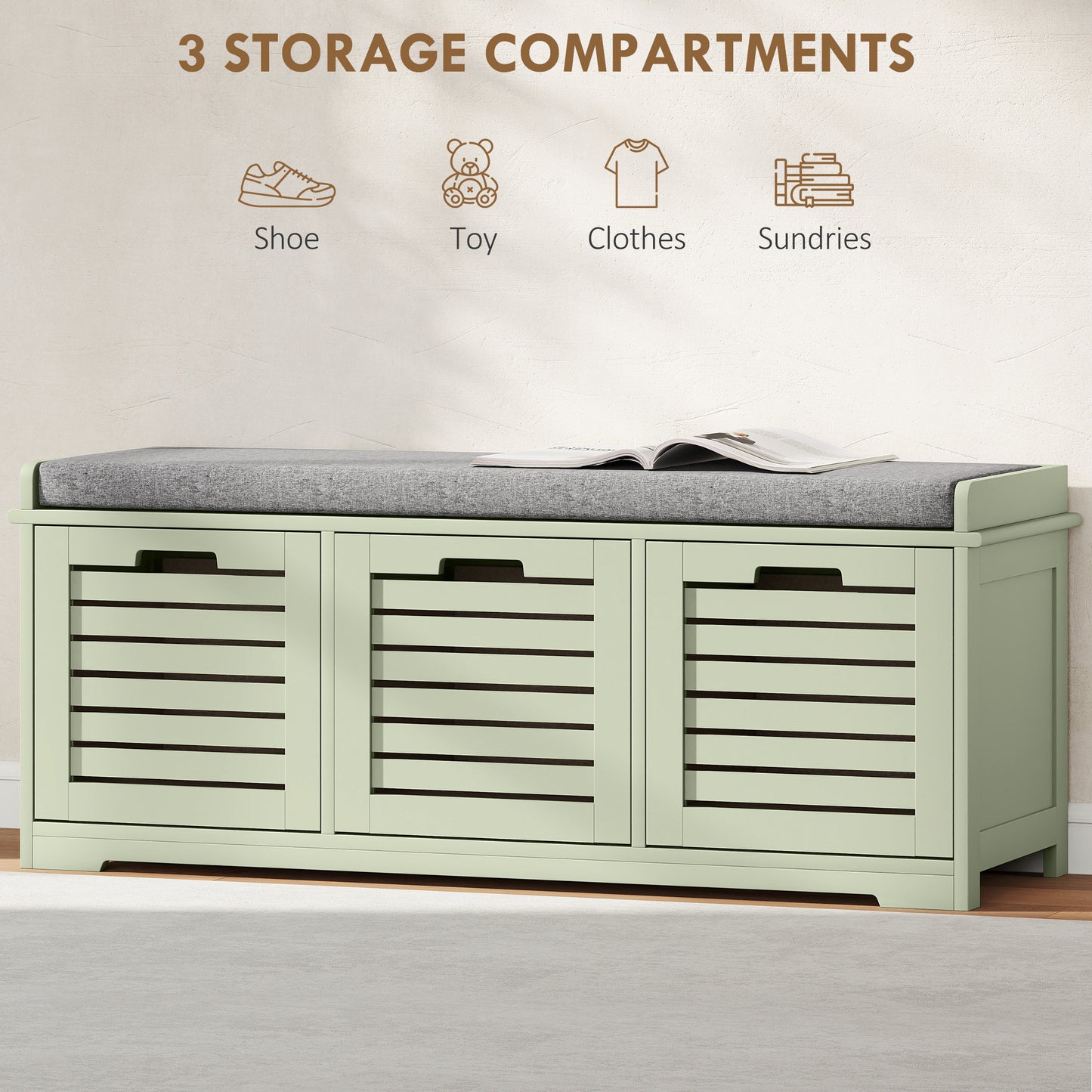 3-Door Shoe Storage Bench Cushion Seat Slatted Doors, Green