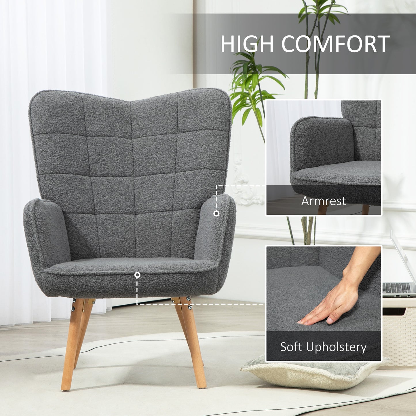 Upholstered Tufted Wingback Armchair with Seat Padding, Dark Grey