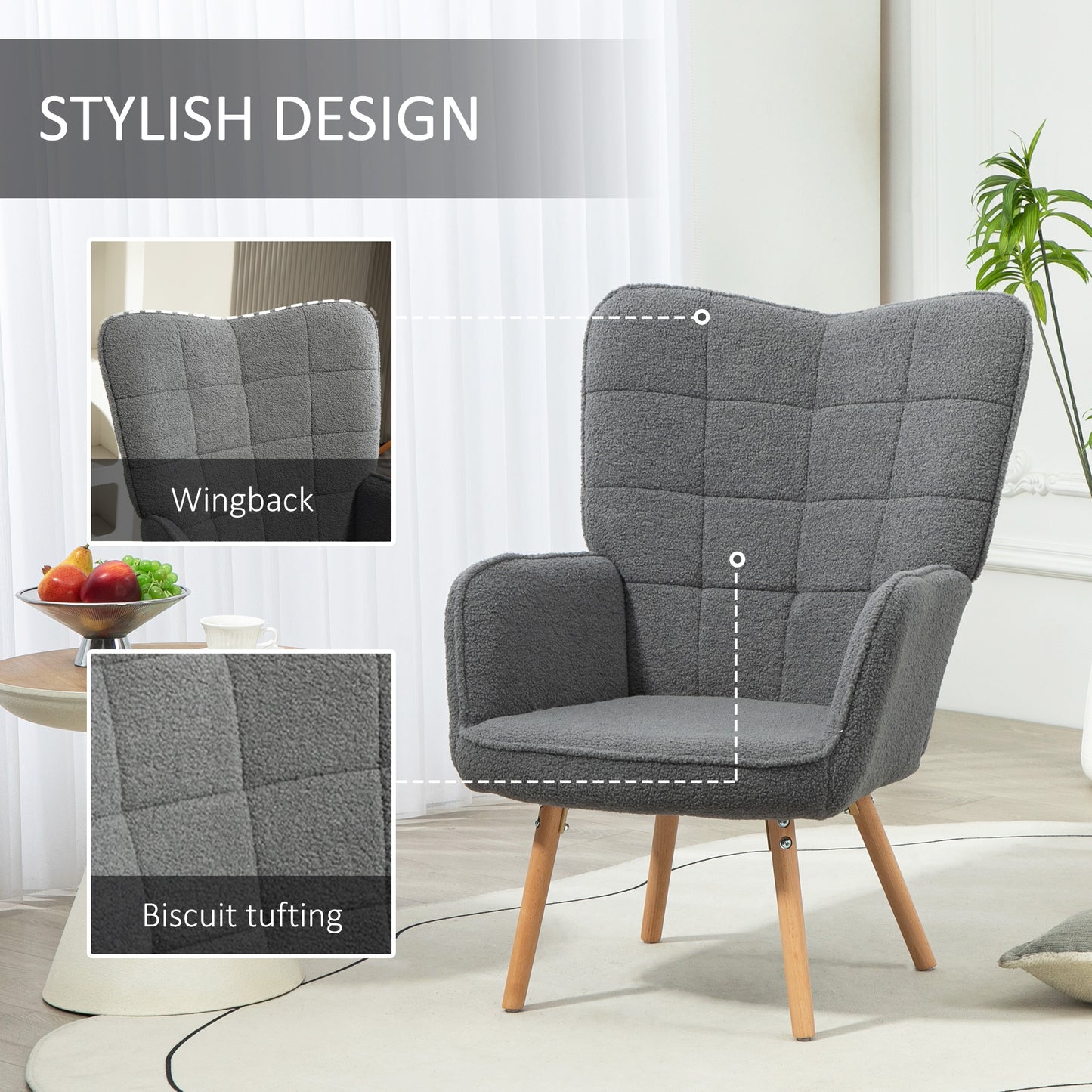 Upholstered Tufted Wingback Armchair with Seat Padding, Dark Grey
