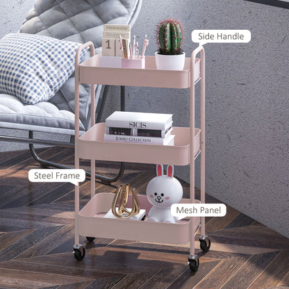 3 Tier Rolling Utility Cart with 3 Mesh Basket, Pink