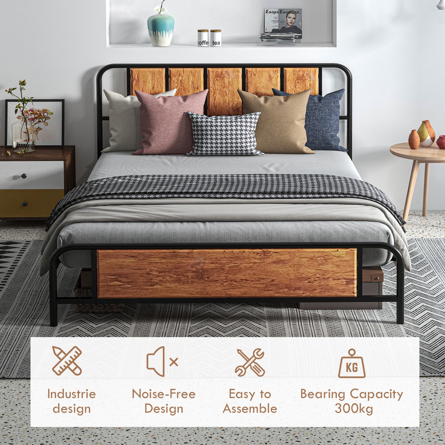 King Size Bed Frame with Headboard, Steel Bed Base 160 x 207cm Brown