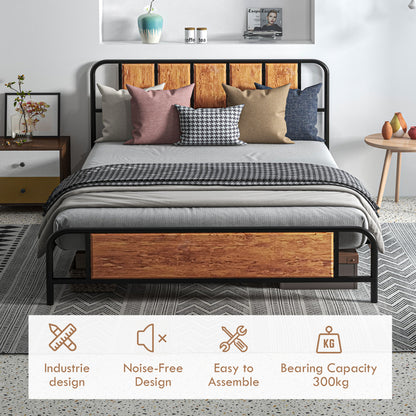 King Size Bed Frame with Headboard, Steel Bed Base 160 x 207cm Brown