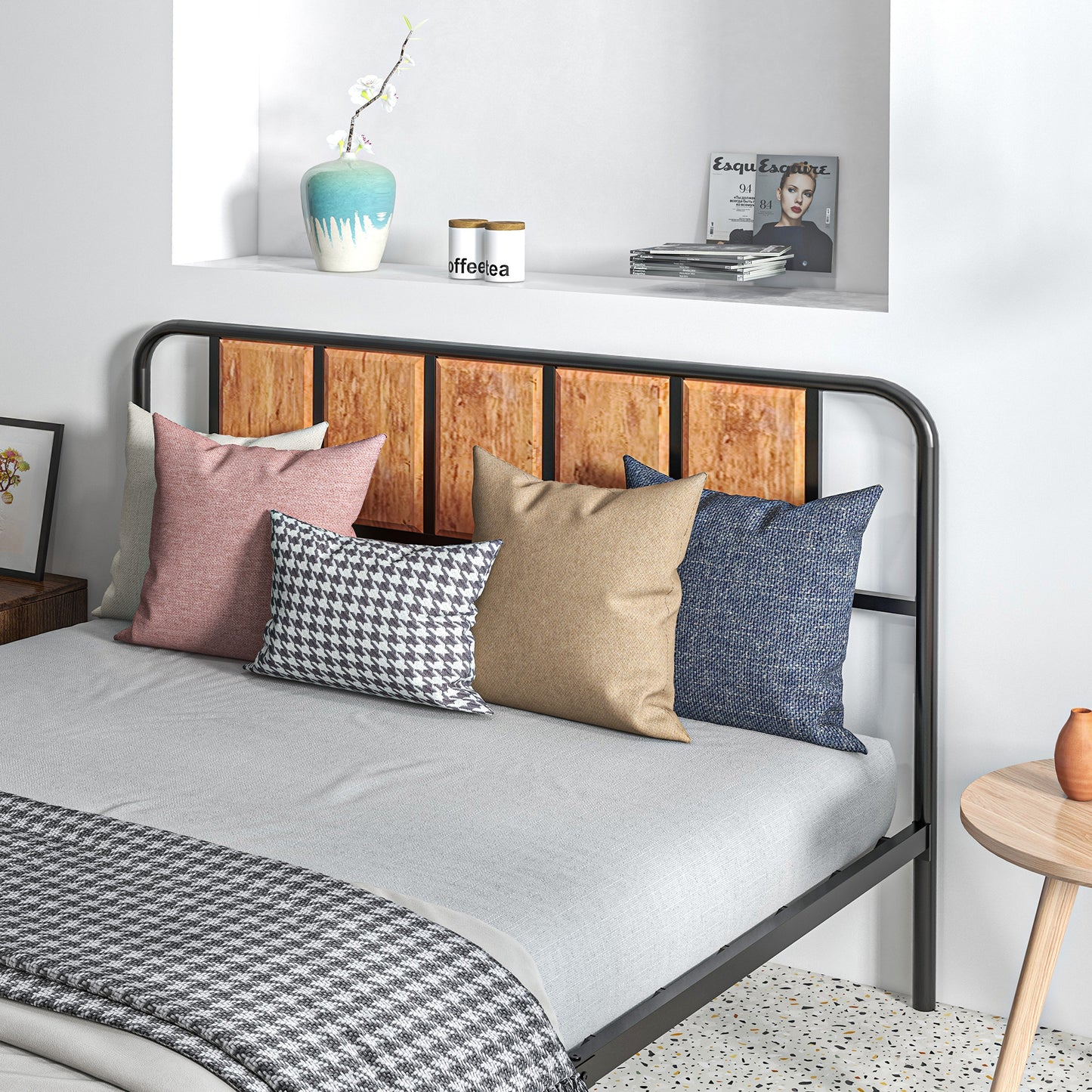 King Size Bed Frame with Headboard, Steel Bed Base 160 x 207cm Brown