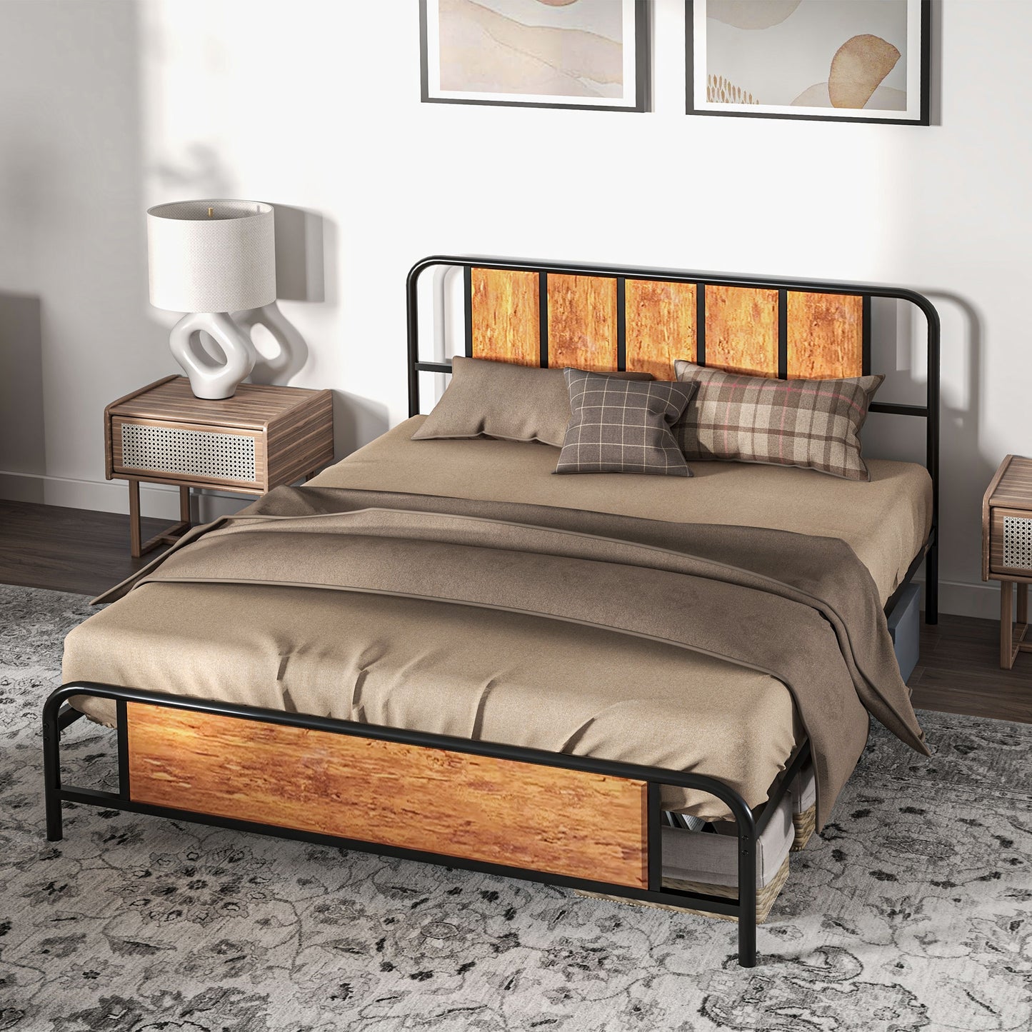 King Size Bed Frame with Headboard, Steel Bed Base 160 x 207cm Brown