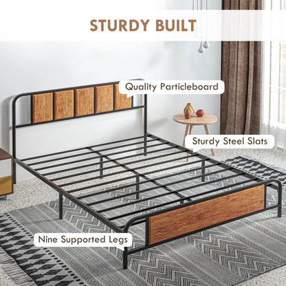 King Size Bed Frame with Headboard, Steel Bed Base 160 x 207cm Brown
