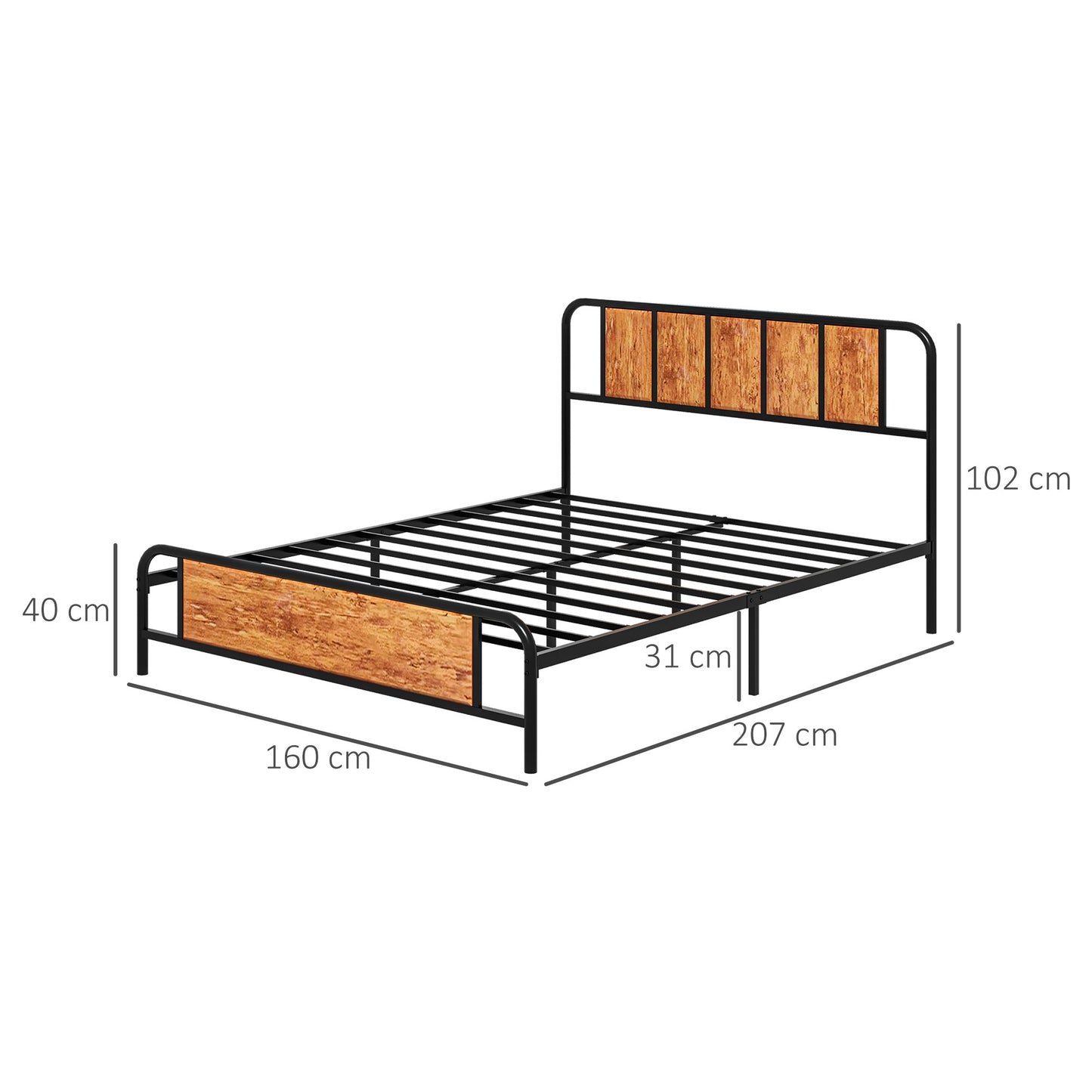 King Size Bed Frame with Headboard, Steel Bed Base 160 x 207cm Brown