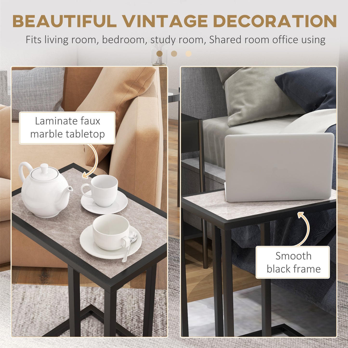 C Shape Side Table w/ Marble-Effect Top, Grey