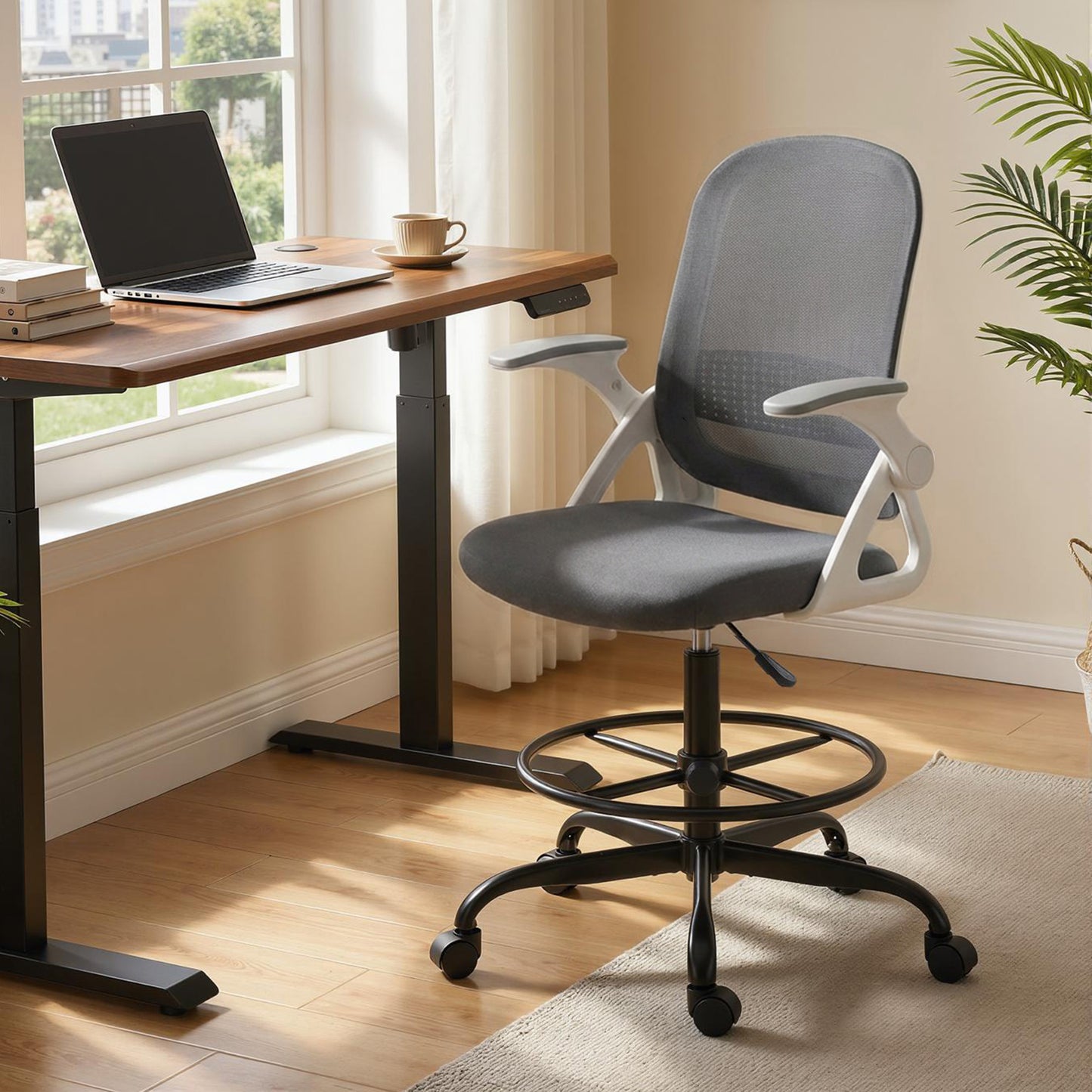 Mesh Painting Chair, Rolling Desk Chair with Flip-up Armrests, Grey