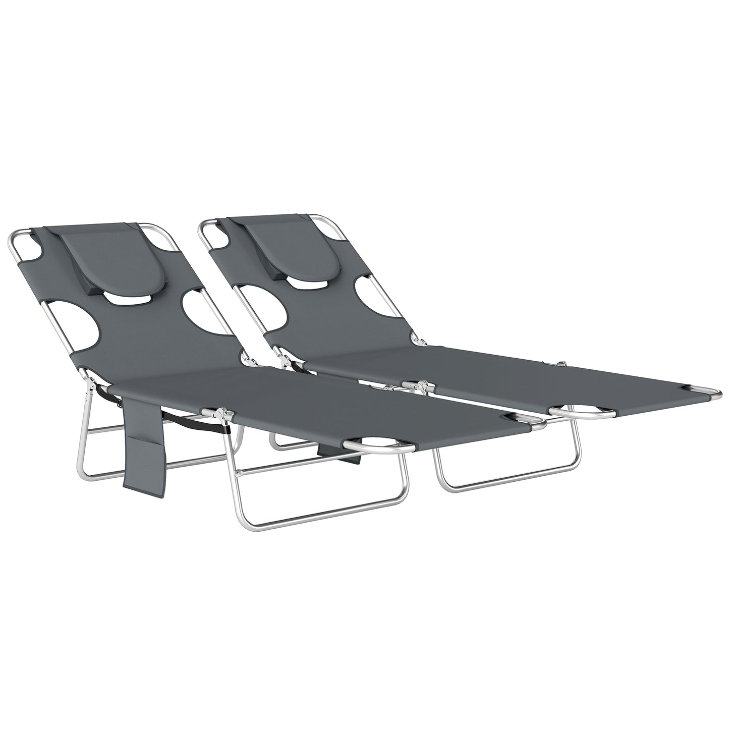 2 Sun Loungers with Reading Hole, Folding Garden Lounger, Dark Grey