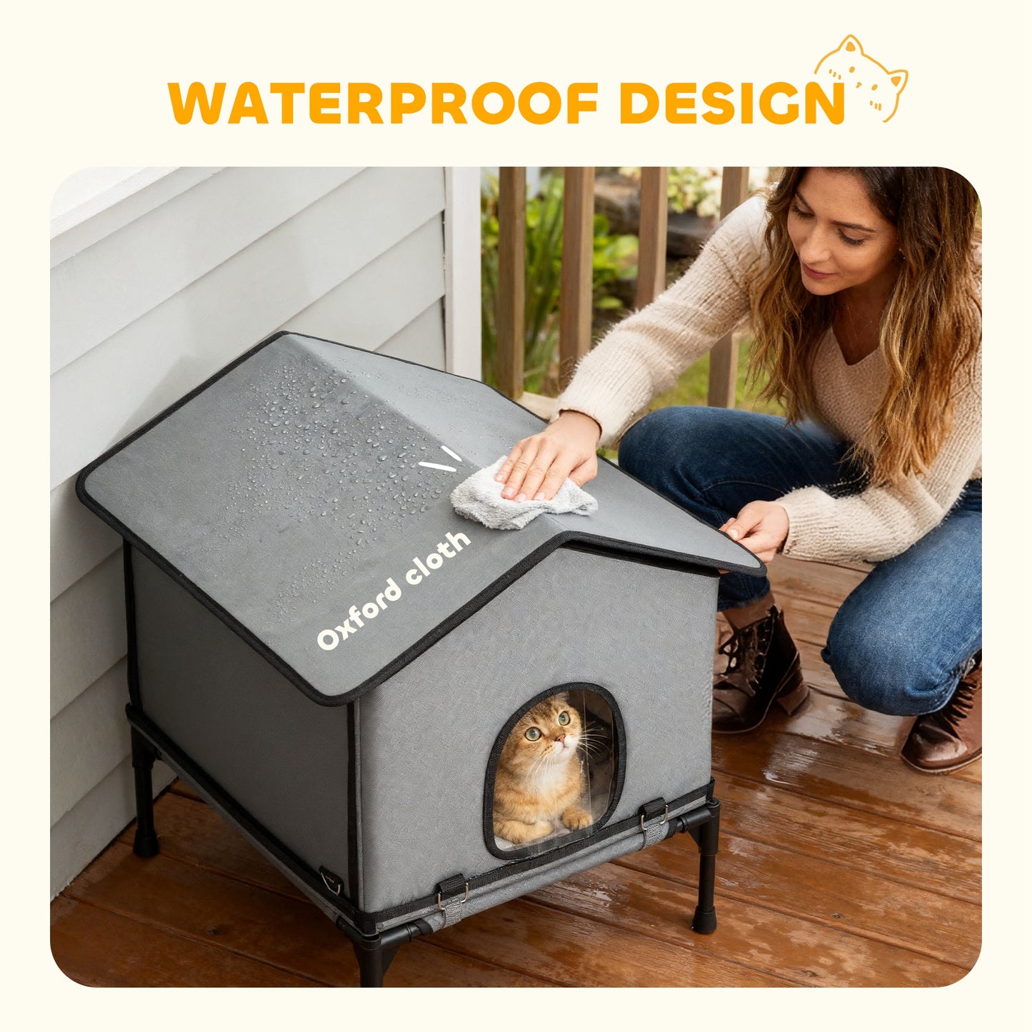 Outdoor Cat House, Feral Cat Shelter with Elevated Base, Grey
