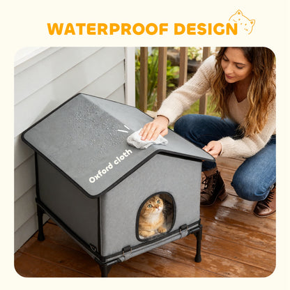 Outdoor Cat House, Feral Cat Shelter with Elevated Base, Grey