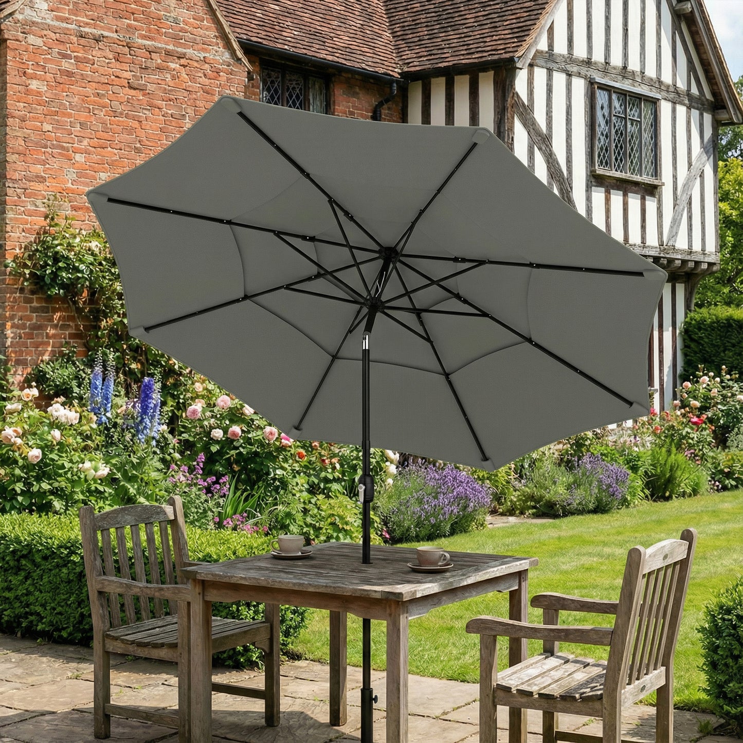 Garden Parasol, Outdoor Umbrella with Tilt Function, Grey
