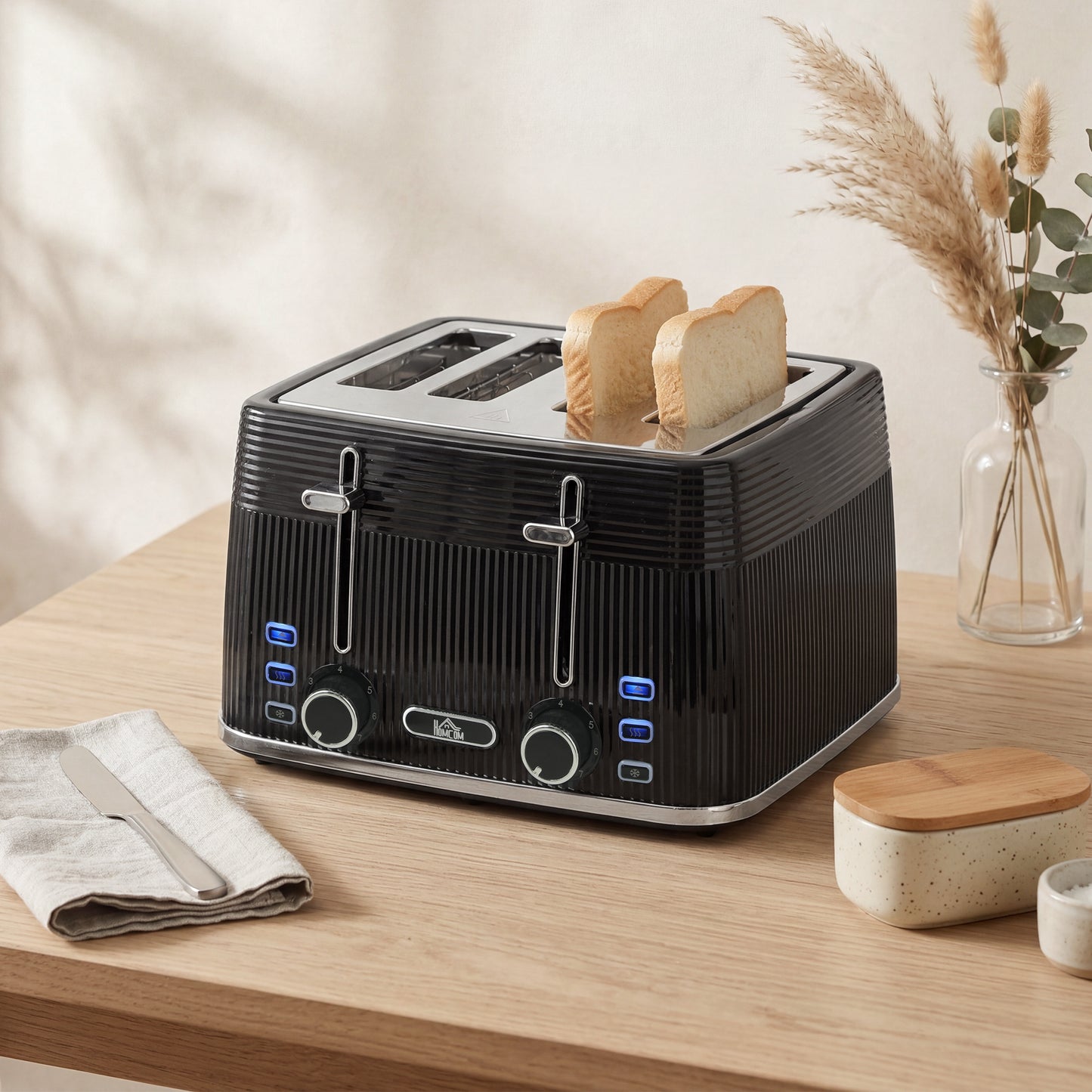 4 Slice Toaster with 7 Browning Levels, Reheat/Defrost/Cancel Functions, Self-centring Function, Electric Toaster with Removable Crumb Tray, 1860W, Black