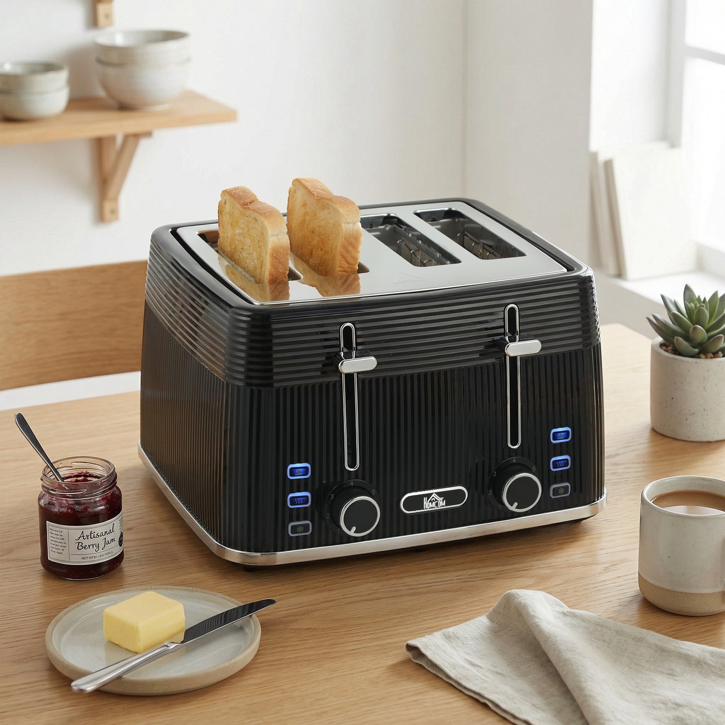 4 Slice Toaster with 7 Browning Levels, Reheat/Defrost/Cancel Functions, Self-centring Function, Electric Toaster with Removable Crumb Tray, 1860W, Black