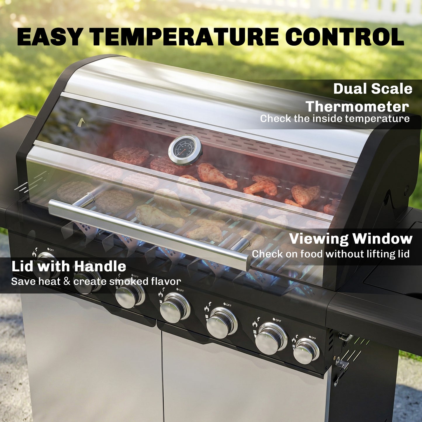 6+1 Burner Gas BBQ Grill, Barbecue Grill with Warming Rack, Silver