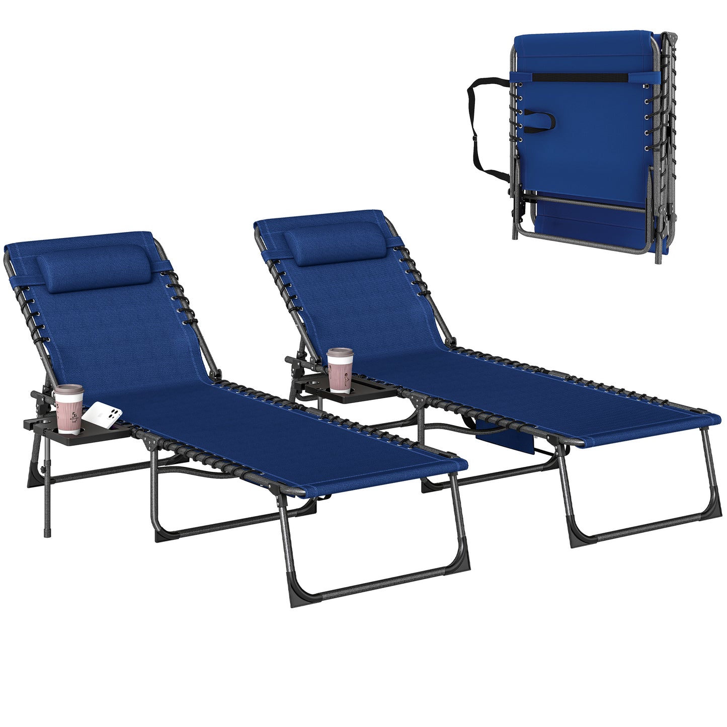 Folding Sun Loungers with 5-Level Back, Cup Holder, Dark Blue