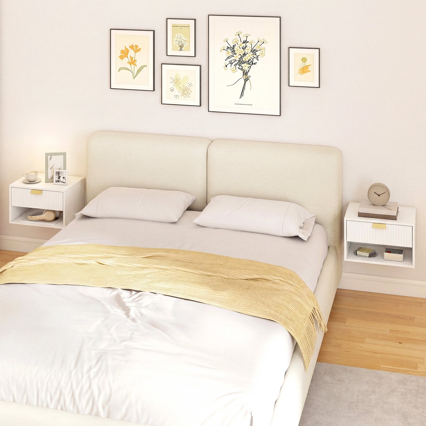 Floating Bedside Tables Set of 2 with Fluted Drawer Open Shelf White