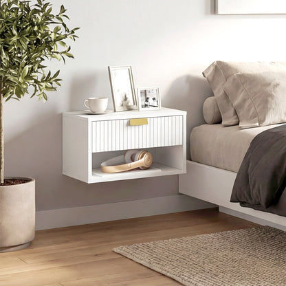 Floating Bedside Tables Set of 2 with Fluted Drawer Open Shelf White