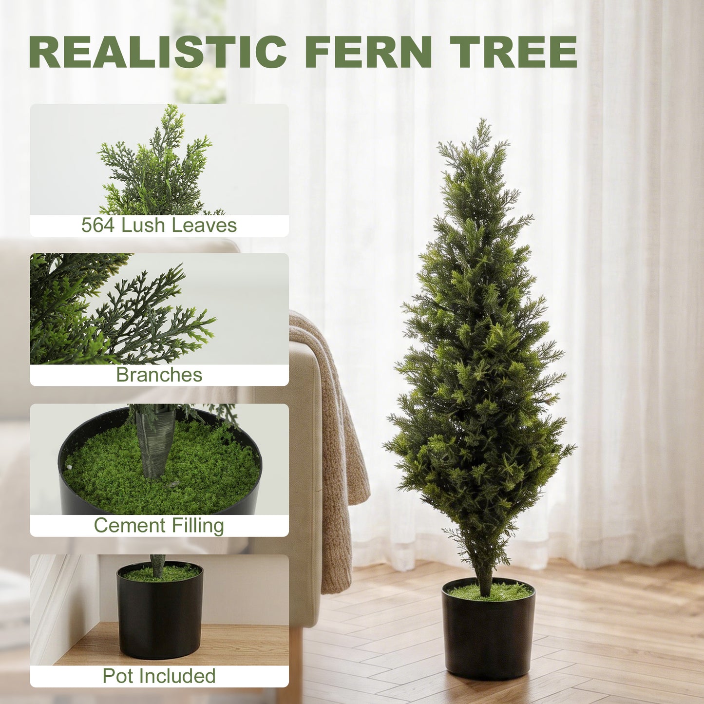 Set of 2 Decorative Artificial Plants Cypress in Weighted Pot, 90 cm Tall Fake Plant with 564 Leaves for Home Indoor Outdoor Decor