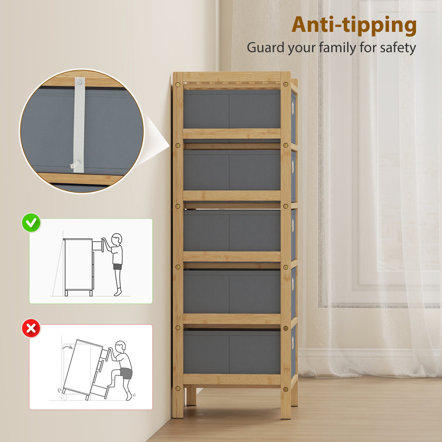 Chest of Drawers, 5 Drawers Dresser with Bamboo Frame, Light Grey