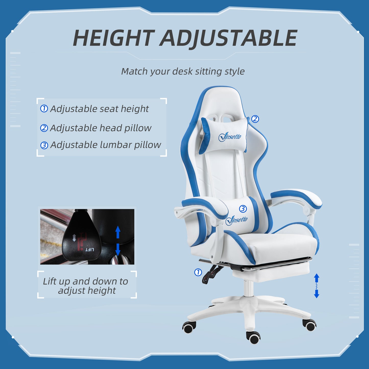Racing Style Gaming Chair with Reclining Function Footrest, Blue