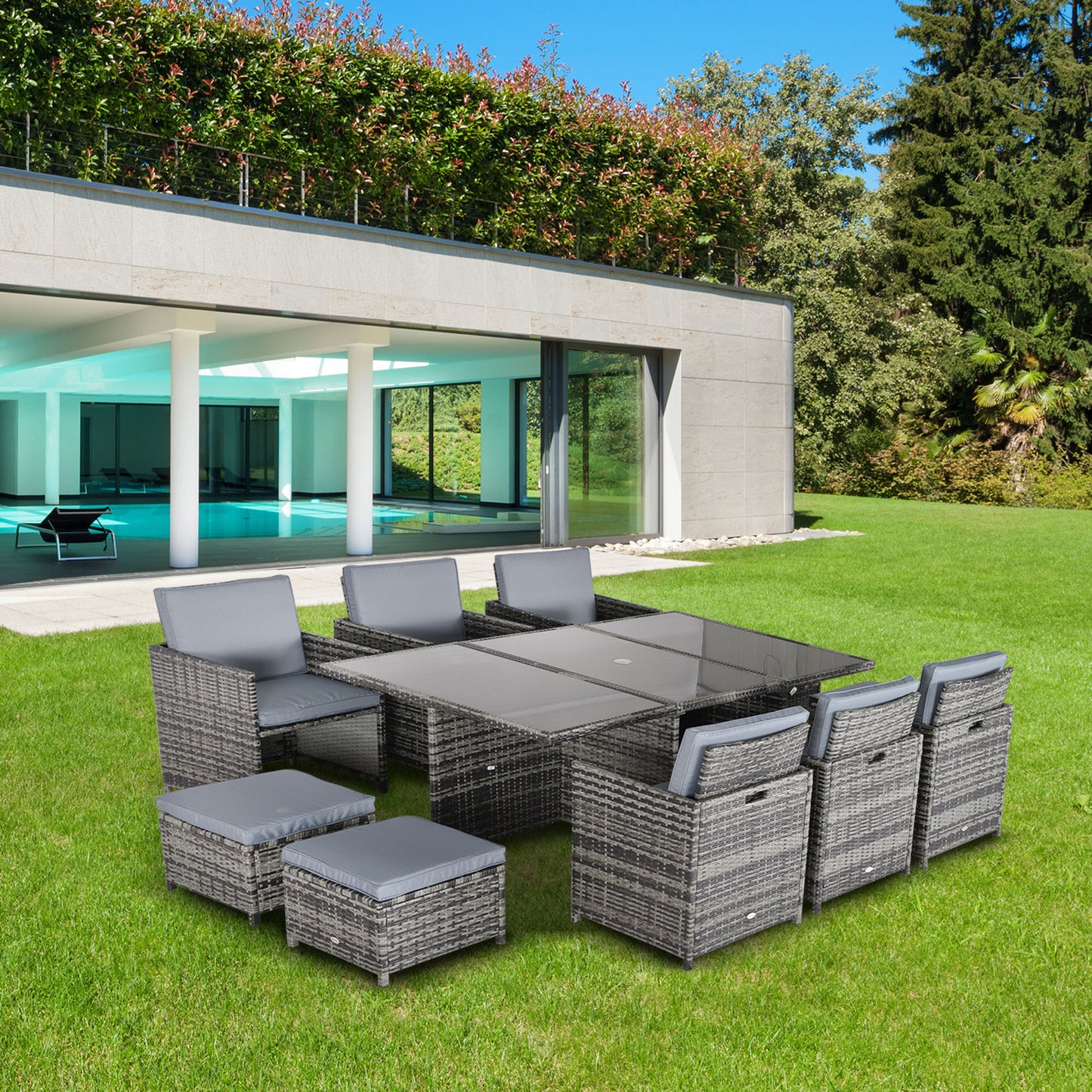 Outdoor 11pc Rattan Garden Furniture Patio Dining Set 10-seater Cube Set Weave Wicker 6 Chairs 4 Footrests & 1 Table Mixed Grey