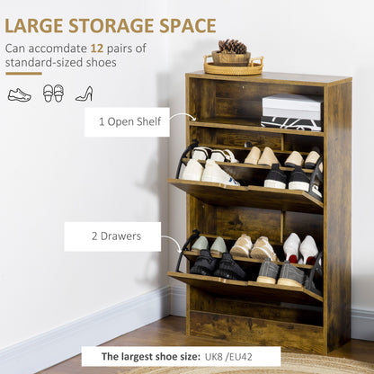 Rustic 2 Flip Door Shoe Cabinet with Adjustable Divider and Open Shelf