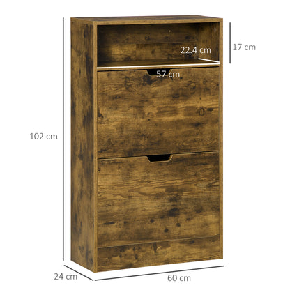 Rustic 2 Flip Door Shoe Cabinet with Adjustable Divider and Open Shelf