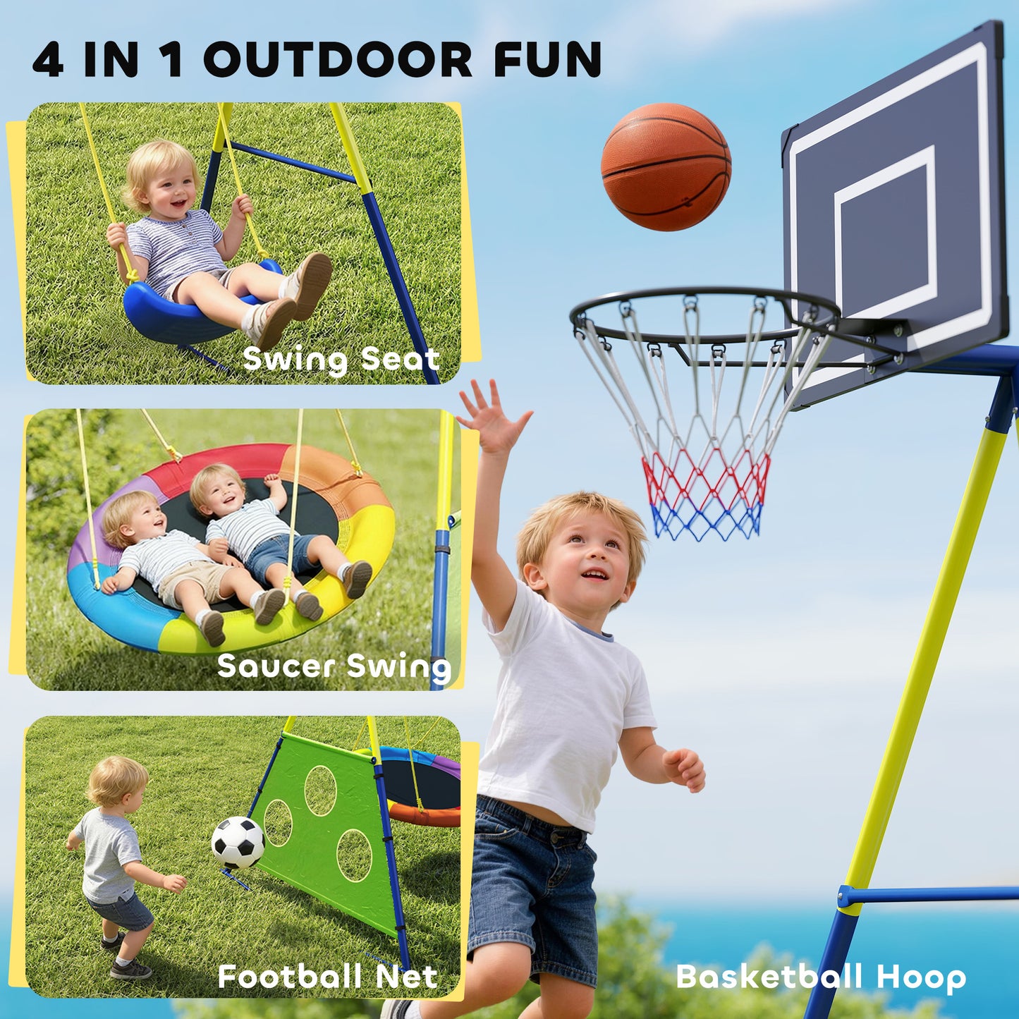 4-in-1 Kids Swing Set with Swing, Basketball Hoop, Football Goal